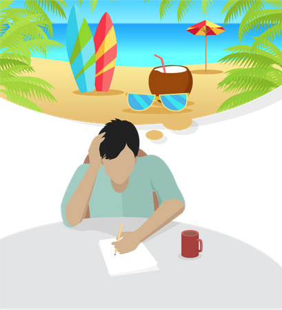 Hombre soñando con vacaciones en la playa  Ilustración