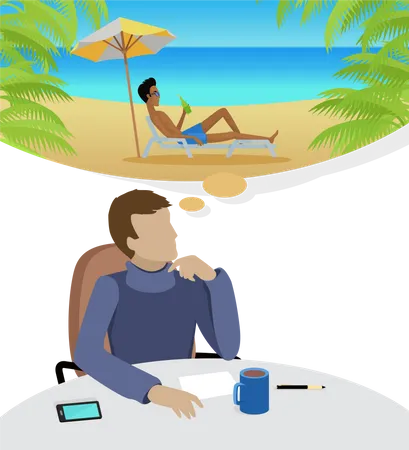 Hombre soñando con vacaciones en la playa  Ilustración