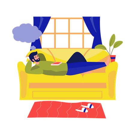 Hombre soñando mientras está acostado en el sofá  Ilustración