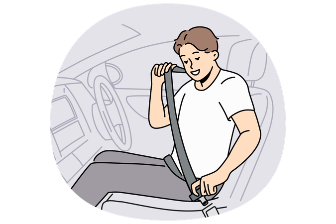 Hombre sonriente abrochándose el cinturón de seguridad en el coche  Ilustración