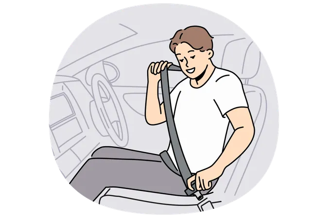 Hombre sonriente abrochándose el cinturón de seguridad en el coche  Ilustración