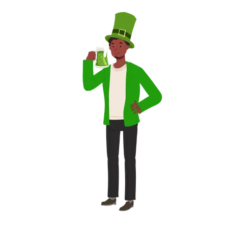 Hombre sonriente bebiendo cerveza verde  Ilustración