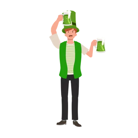 Hombre sonriente celebrando con cerveza verde  Ilustración