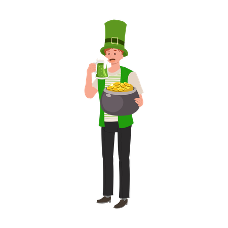 Hombre sonriente celebrando el día de San Patricio con cerveza verde  Ilustración