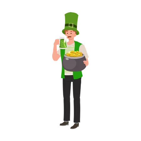 Hombre sonriente celebrando el día de San Patricio con cerveza verde  Ilustración