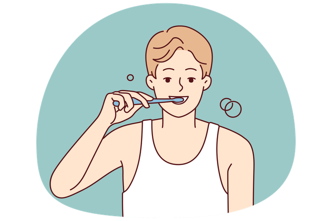 Hombre sonriente cepillándose los dientes por la mañana  Ilustración