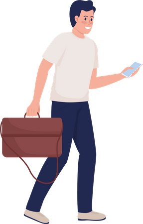 Hombre sonriente con bolso de cuero y teléfono inteligente  Ilustración