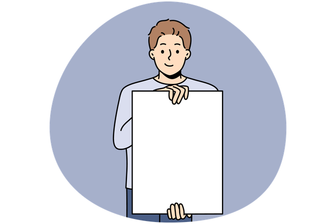 Hombre sonriente sosteniendo un cartel blanco vacío para espacio de copia publicitaria  Ilustración