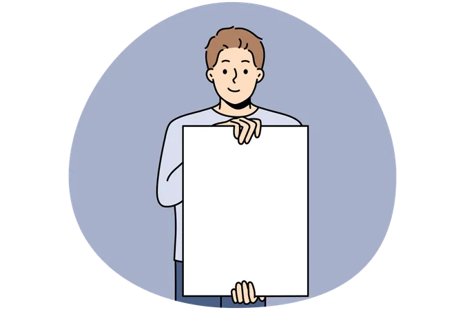 Hombre sonriente sosteniendo un cartel blanco vacío para espacio de copia publicitaria  Ilustración