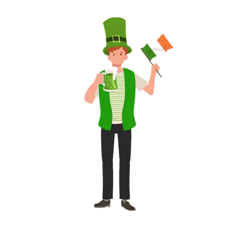 Hombre sonriente con cerveza verde y bandera  Ilustración