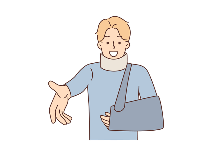 Hombre sonriente con el brazo roto y una venda alrededor del cuello  Ilustración