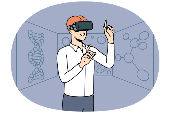 Un hombre sonriente con gafas de realidad virtual explora elementos  Ilustración