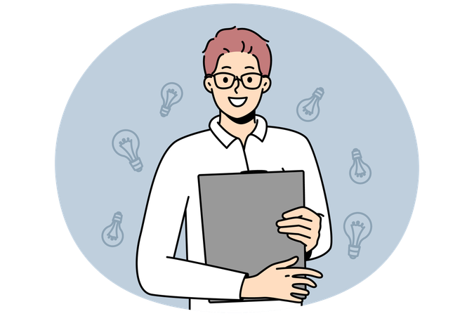 Hombre sonriente con gafas y carpeta en las manos  Ilustración