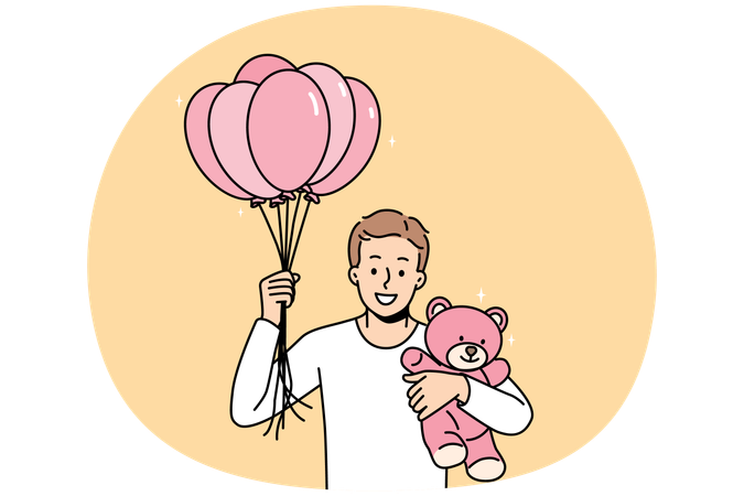 Hombre sonriente con globos y juguetes en las manos.  Ilustración