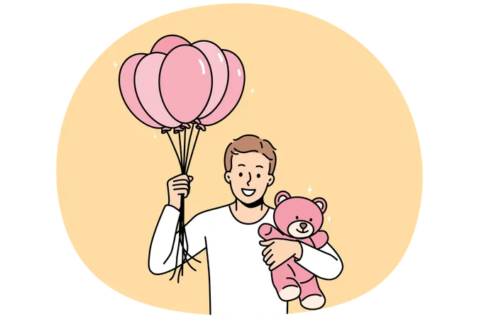 Hombre sonriente con globos y juguetes en las manos.  Ilustración