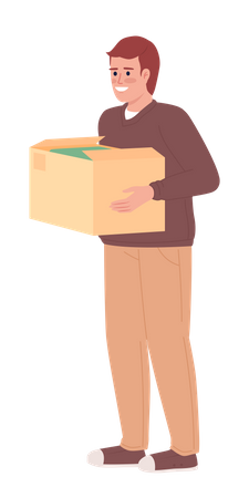 Hombre sonriente con ropa en caja de cartón  Ilustración