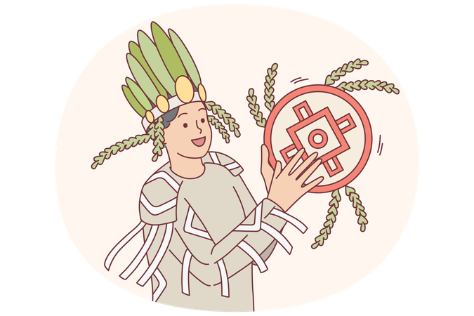 Un hombre sonriente con traje tradicional toca un instrumento  Ilustración