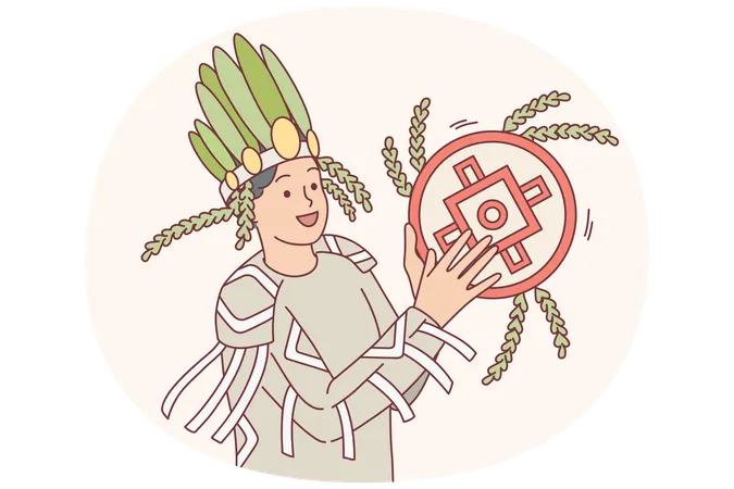 Un hombre sonriente con traje tradicional toca un instrumento  Ilustración