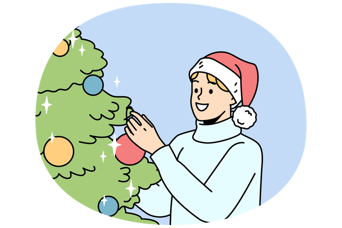 Hombre sonriente decorando árbol de Navidad  Ilustración
