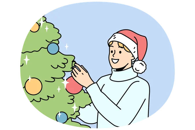 Hombre sonriente decorando árbol de Navidad  Ilustración