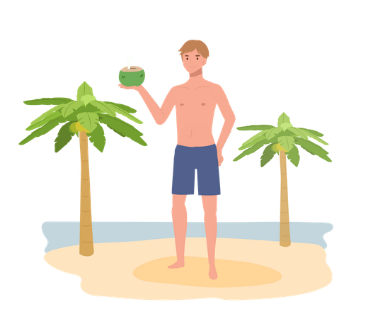 Hombre sonriente en traje de baño mientras sostiene coco  Ilustración