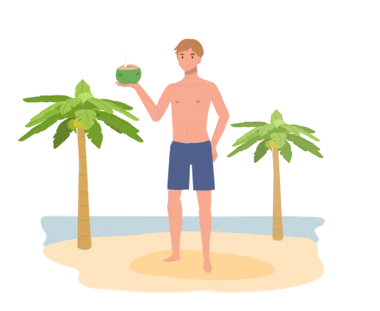 Tema De Vacaciones De Verano En La Playa Un Hombre Sonriente Feliz En Traje De Bano Con Jugo De Coco Bebida De Verano Ilustracion De Vector Plano Ilustración