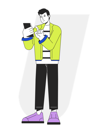Hombre sonriente marcando el número en el teléfono celular para llamar  Ilustración