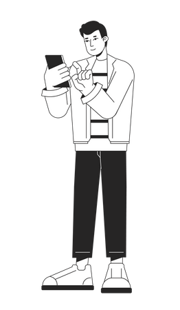 Hombre sonriente marcando el número en el teléfono celular para llamar  Ilustración