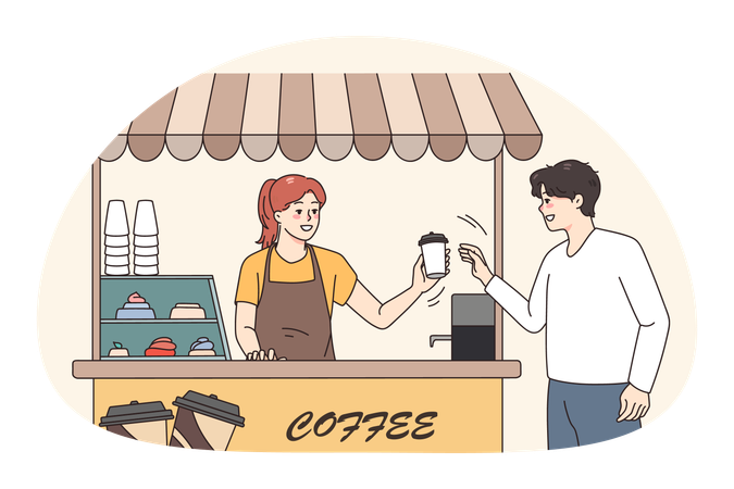 Un hombre sonriente pide café para llevar en una cafetería de la calle.  Ilustración