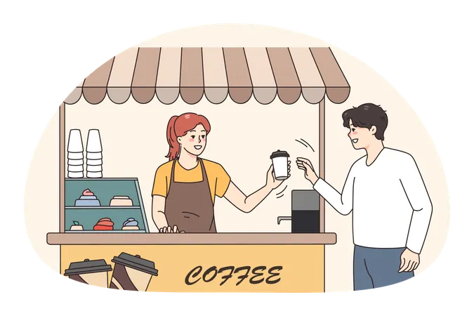Un hombre sonriente pide café para llevar en una cafetería de la calle.  Ilustración