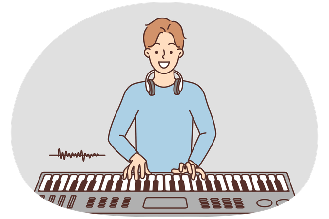 Un hombre sonriente toca el sintetizador mientras disfruta de una interpretación musical usando un instrumento musical.  Ilustración