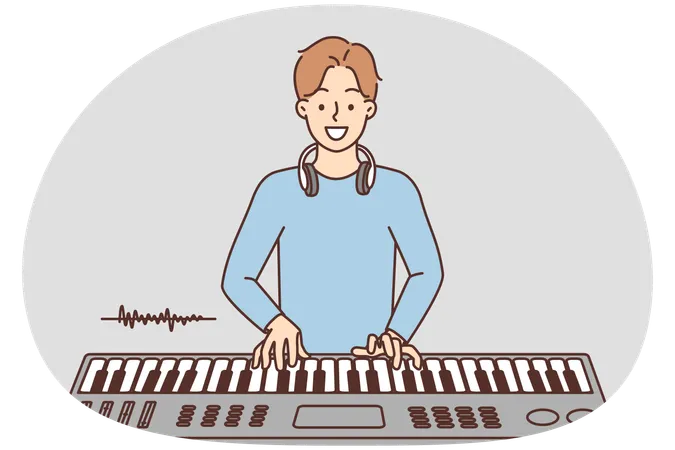 Un hombre sonriente toca el sintetizador mientras disfruta de una interpretación musical usando un instrumento musical.  Ilustración