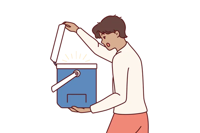 Hombre sorprendido abre refrigerador portátil  Ilustración