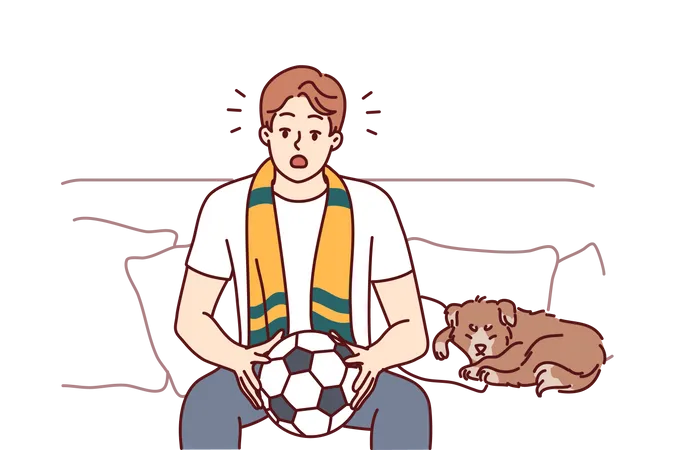 Hombre sorprendido sosteniendo fútbol con perro  Ilustración