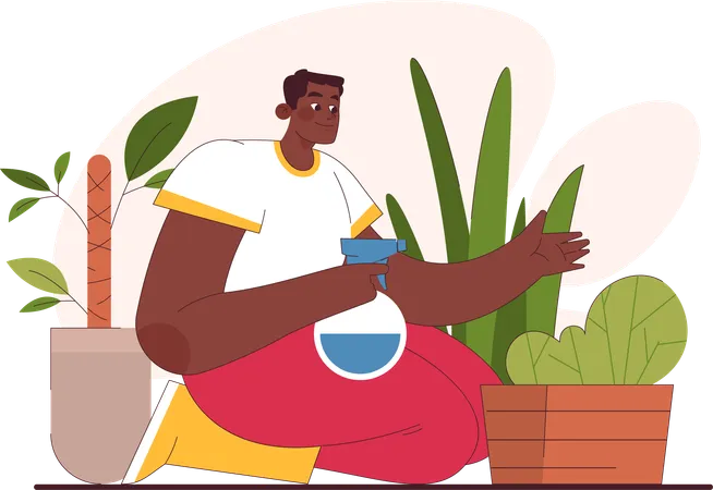 Hombre sujetando agua pulverizada mientras pulveriza la planta  Ilustración