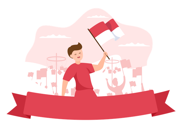 Hombre sujetando la bandera de indonesia  Ilustración