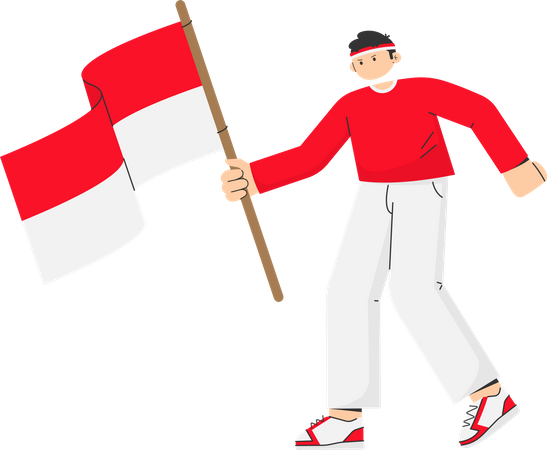 Hombre sujetando la bandera de indonesia  Ilustración