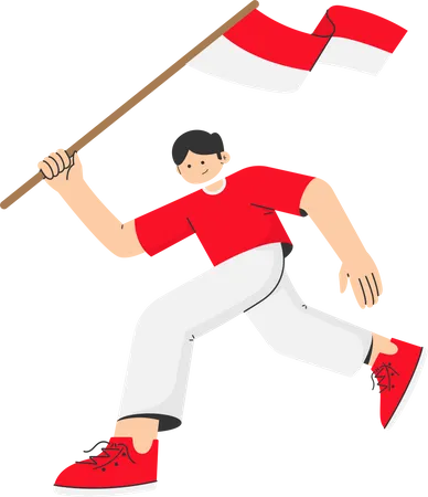 Hombre sujetando la bandera de indonesia  Ilustración