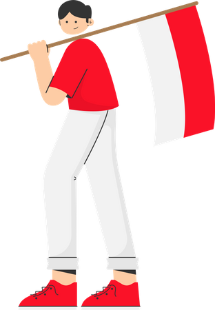 Hombre sujetando la bandera de indonesia  Ilustración