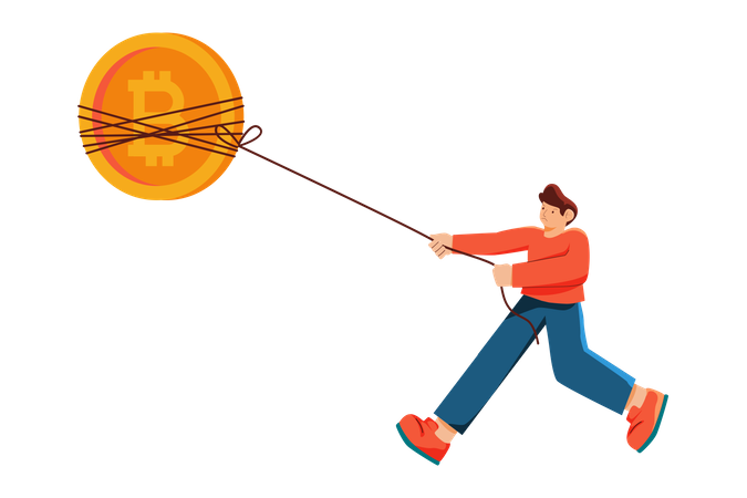 Hombre sosteniendo bitcoin a la luna  Ilustración