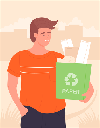 Hombre sujetando una bolsa de papel reciclado  Ilustración