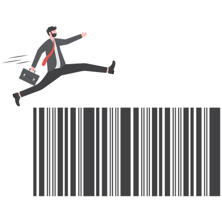 Hombre sujetando bolsa salto con pértiga saltar sobre el código de barras de la tienda  Ilustración
