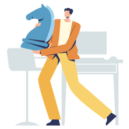 Hombre sujetando un caballo mientras consigue una estrategia empresarial  Ilustración