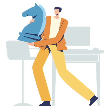 Hombre sujetando un caballo mientras consigue una estrategia empresarial  Ilustración