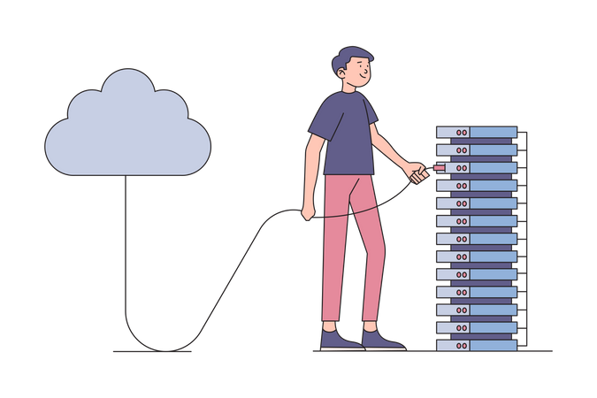 Hombre sujetando el cable de computación en la nube  Ilustración