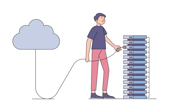 Hombre sujetando el cable de computación en la nube  Ilustración