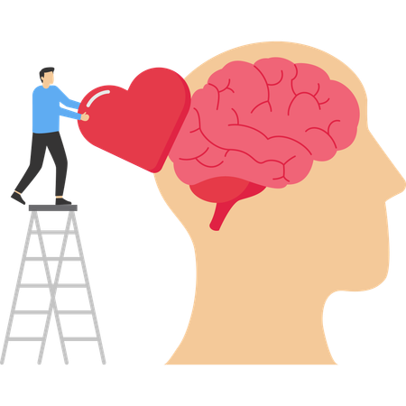 Hombre sosteniendo el corazón mientras pone el corazón en el cerebro humano  Ilustración