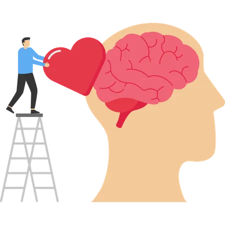 Hombre sosteniendo el corazón mientras pone el corazón en el cerebro humano  Ilustración