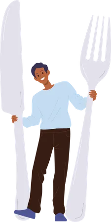 Hombre feliz sosteniendo enormes utensilios de cocina con cuchillo y tenedor para servir la mesa  Ilustración