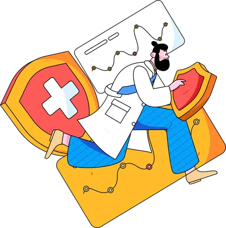 Hombre sujetando escudo médico  Ilustración